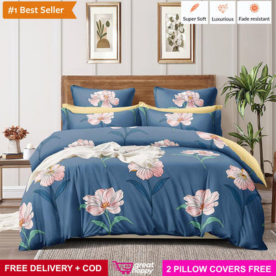 Premium Bedsheet with 2 Pillow Covers - Supersoft & Comfortable Great Happy IN Blue Pink Floral 