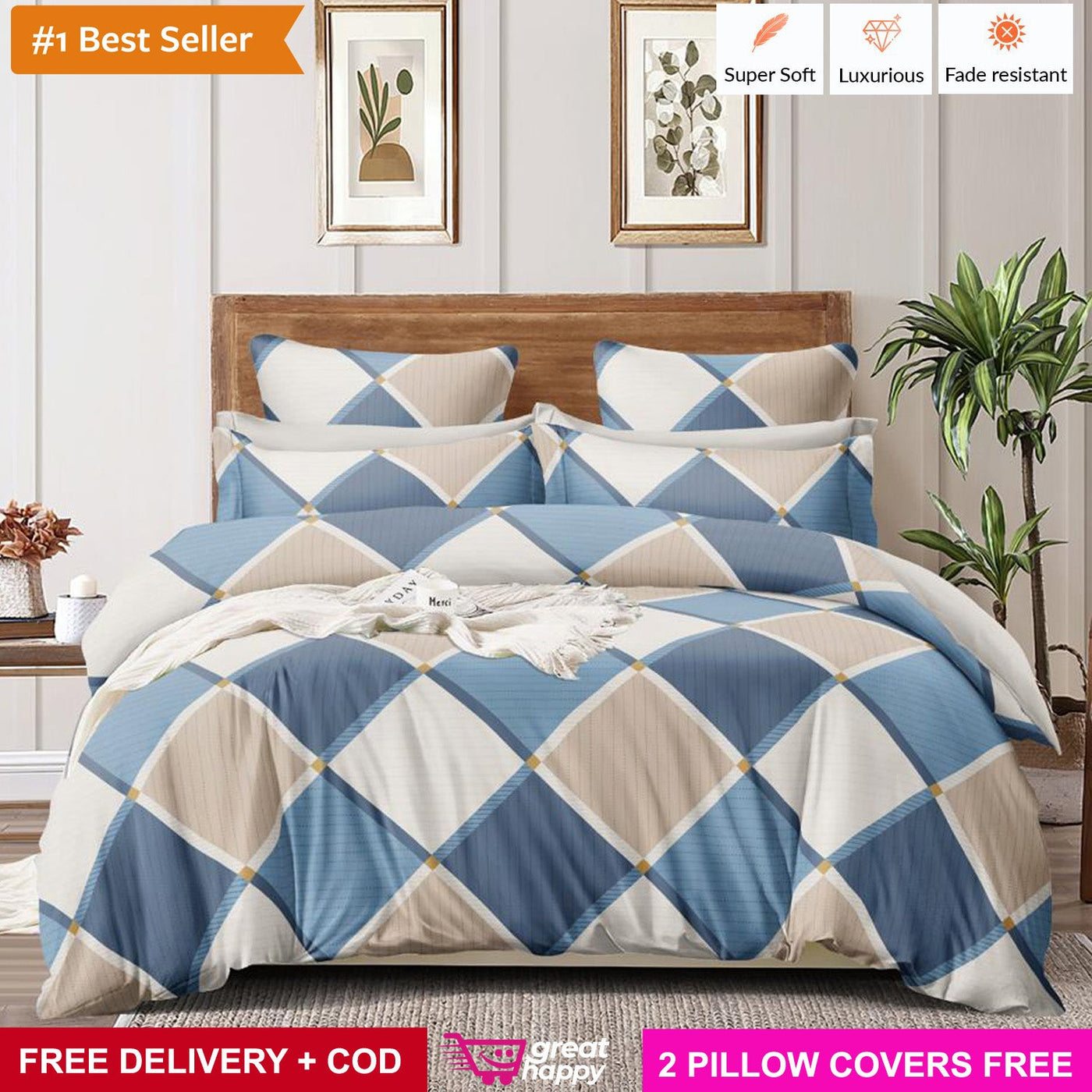 Premium Bedsheet with 2 Pillow Covers - Supersoft & Comfortable Great Happy IN Blue White Prism 
