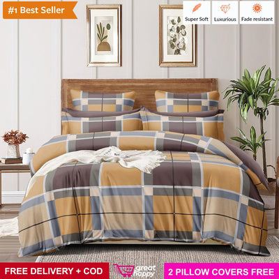 Premium Bedsheet with 2 Pillow Covers - Supersoft & Comfortable Great Happy IN Brown Check 