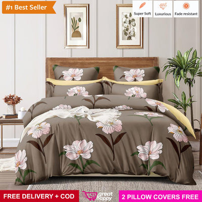 Premium Bedsheet with 2 Pillow Covers - Supersoft & Comfortable Great Happy IN Brown Floral 