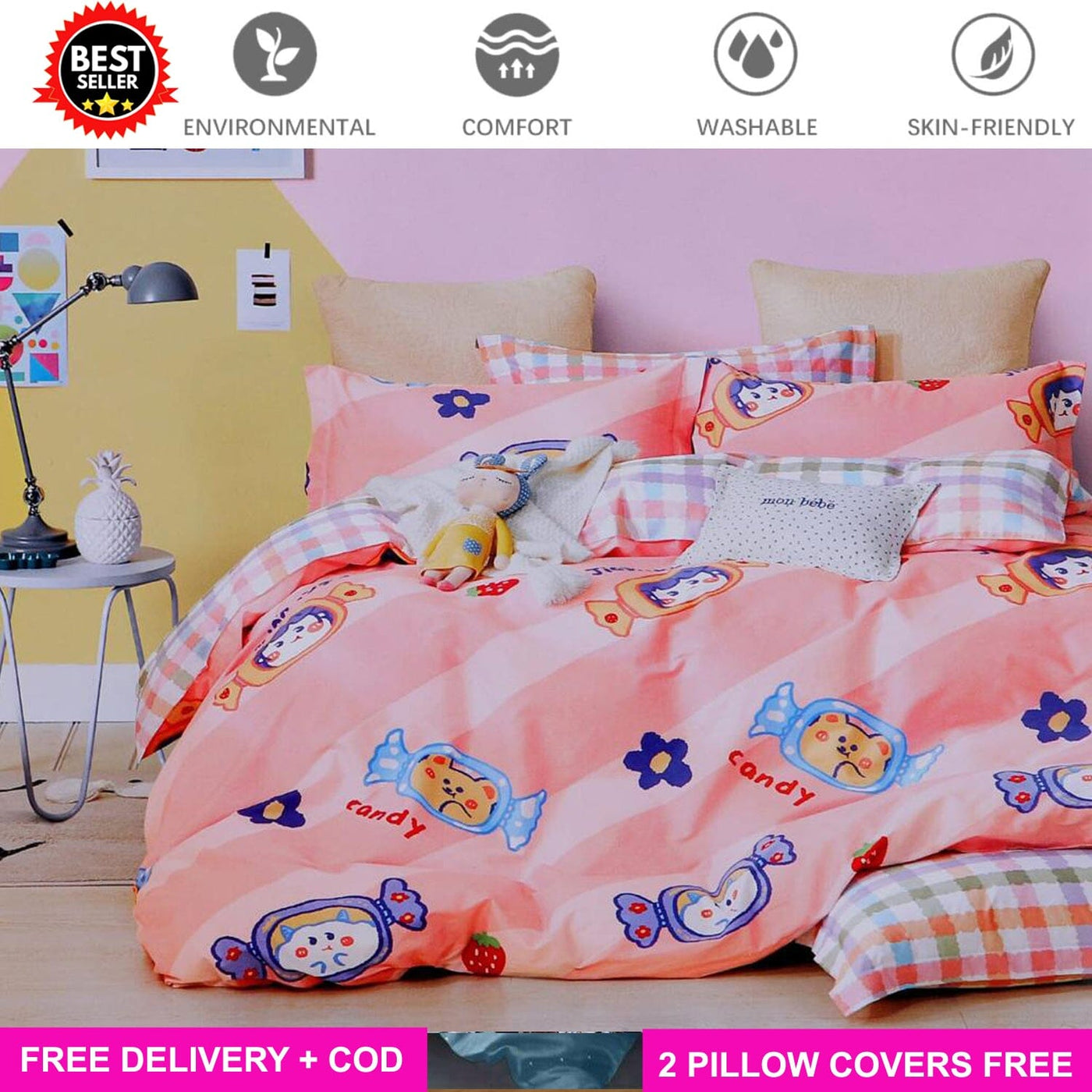 Candy Full Elastic Fitted Bedsheet with 2 Pillow Covers - King Size Bed Sheets Great Happy IN 
