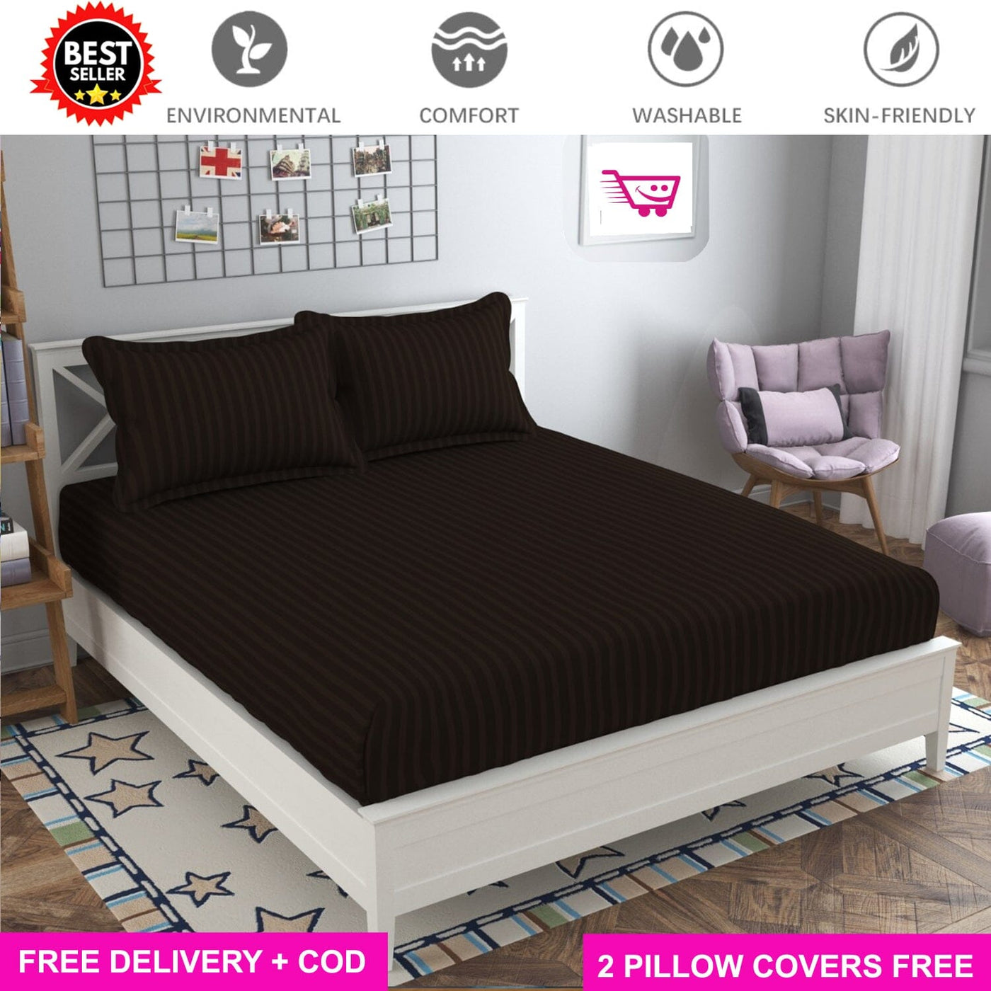 Coffee Satin Full Elastic Fitted Bedsheet with 2 Pillow Covers - King Size Bed Sheets Great Happy IN 