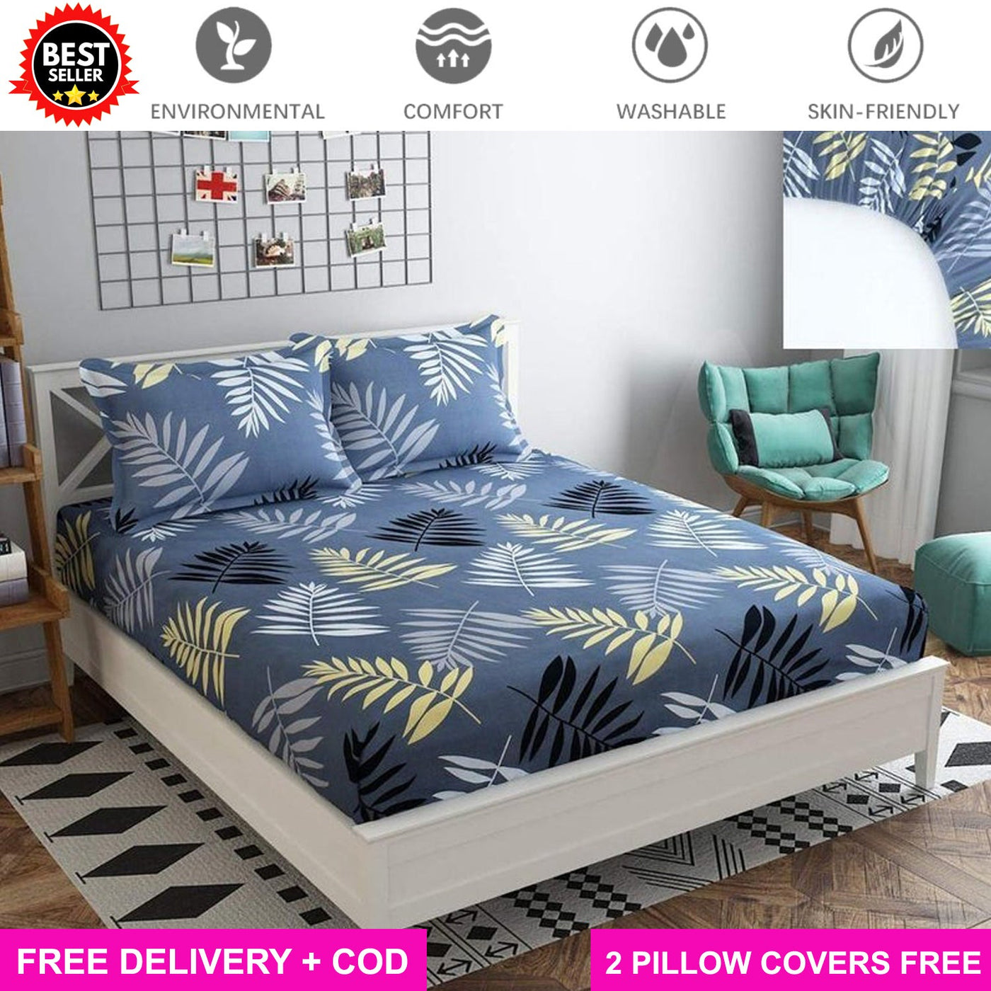 Cotton Elastic Fitted Bedsheet with 2 Pillow Covers - Fits with any Beds & Mattresses Great Happy IN Charcoal Leaf KING SIZE 