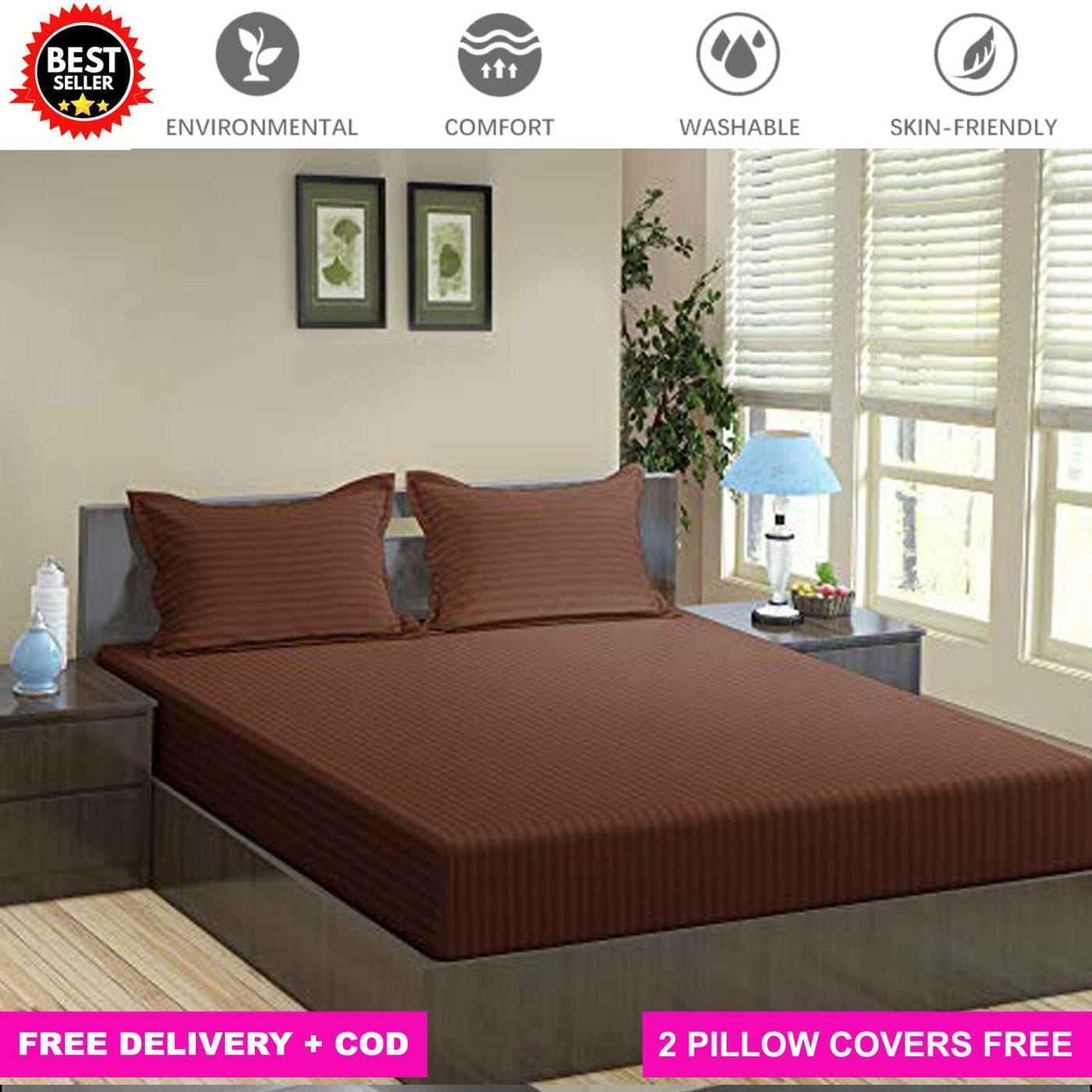 Chocolate Brown Full Elastic Fitted Bedsheet with 2 Pillow Covers Bed Sheets Great Happy IN KING SIZE - ₹1299 