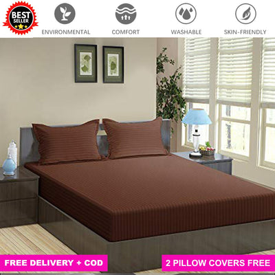 Cotton Elastic Fitted King Size Bedsheet with 2 Pillow Covers - Fits with any Beds & Mattresses Great Happy IN Chocolate Brown KING SIZE 