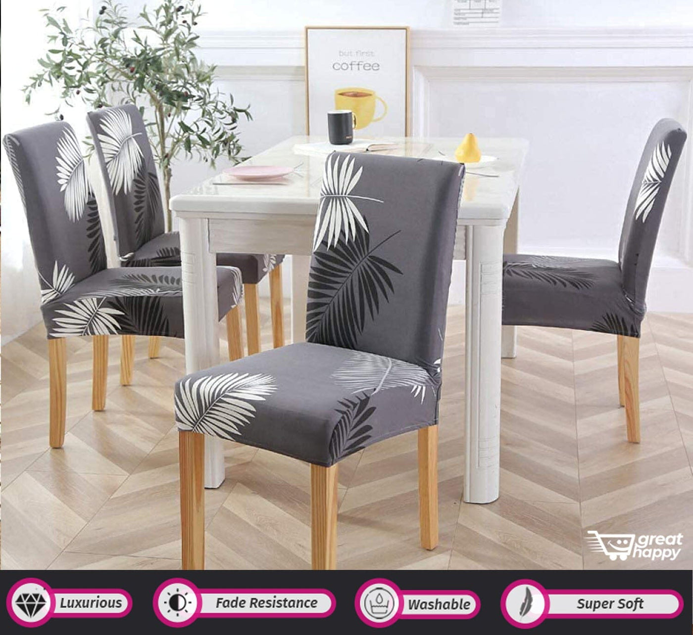 Premium Chair Cover - Stretchable & Elastic Fitted Great Happy IN Dark Grey Fern 2 PCS - ₹799 