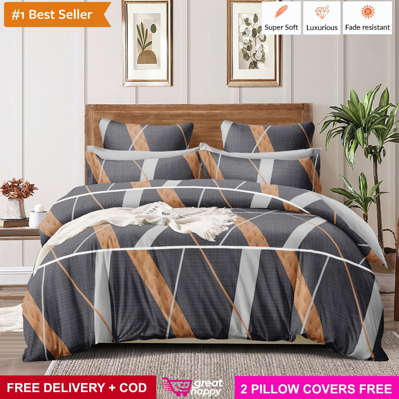 Premium Bedsheet with 2 Pillow Covers - Supersoft & Comfortable Great Happy IN Dark Grey Pattern 