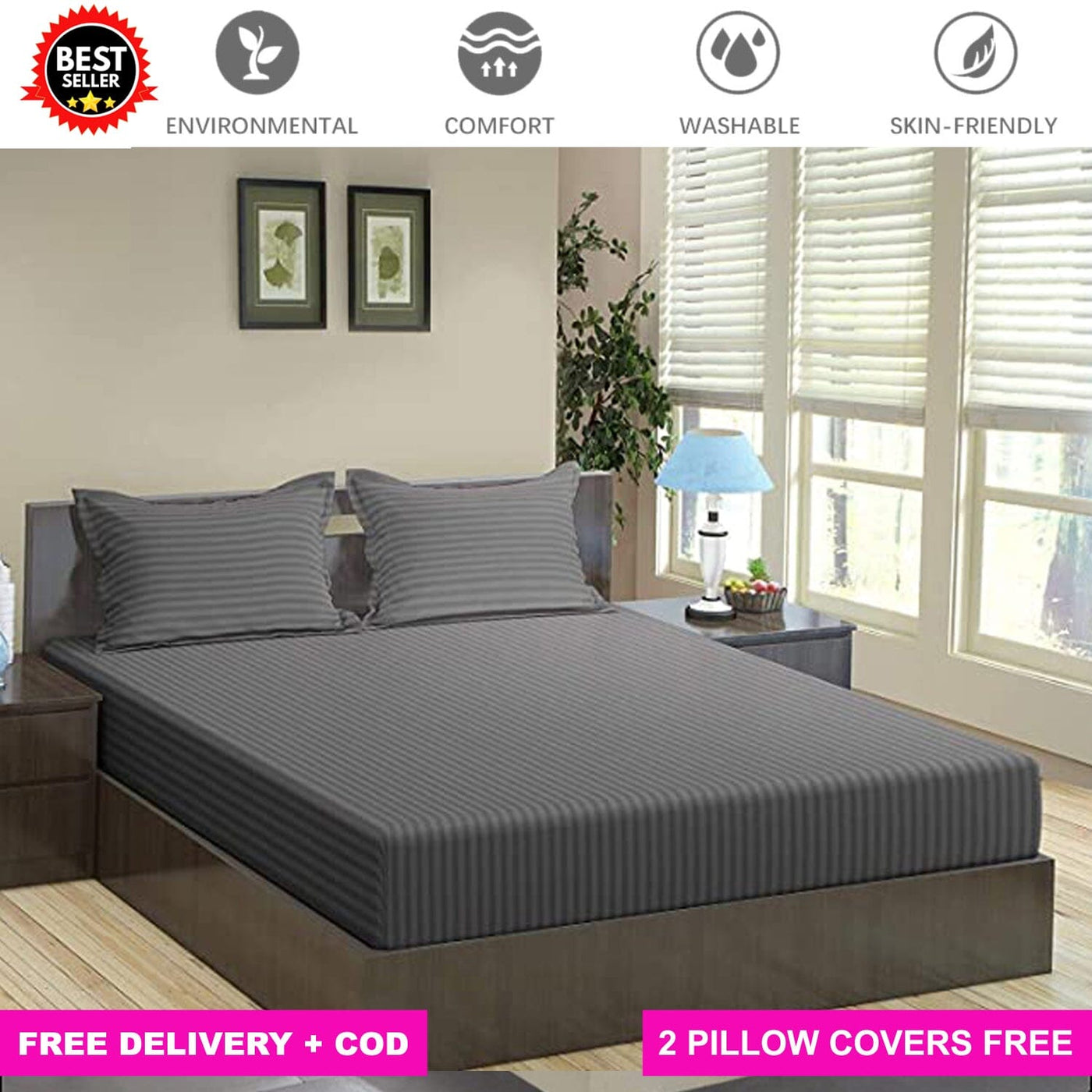 Dark Grey Full Elastic Fitted Bedsheet with 2 Pillow Covers Bed Sheets Great Happy IN KING SIZE - ₹1299 