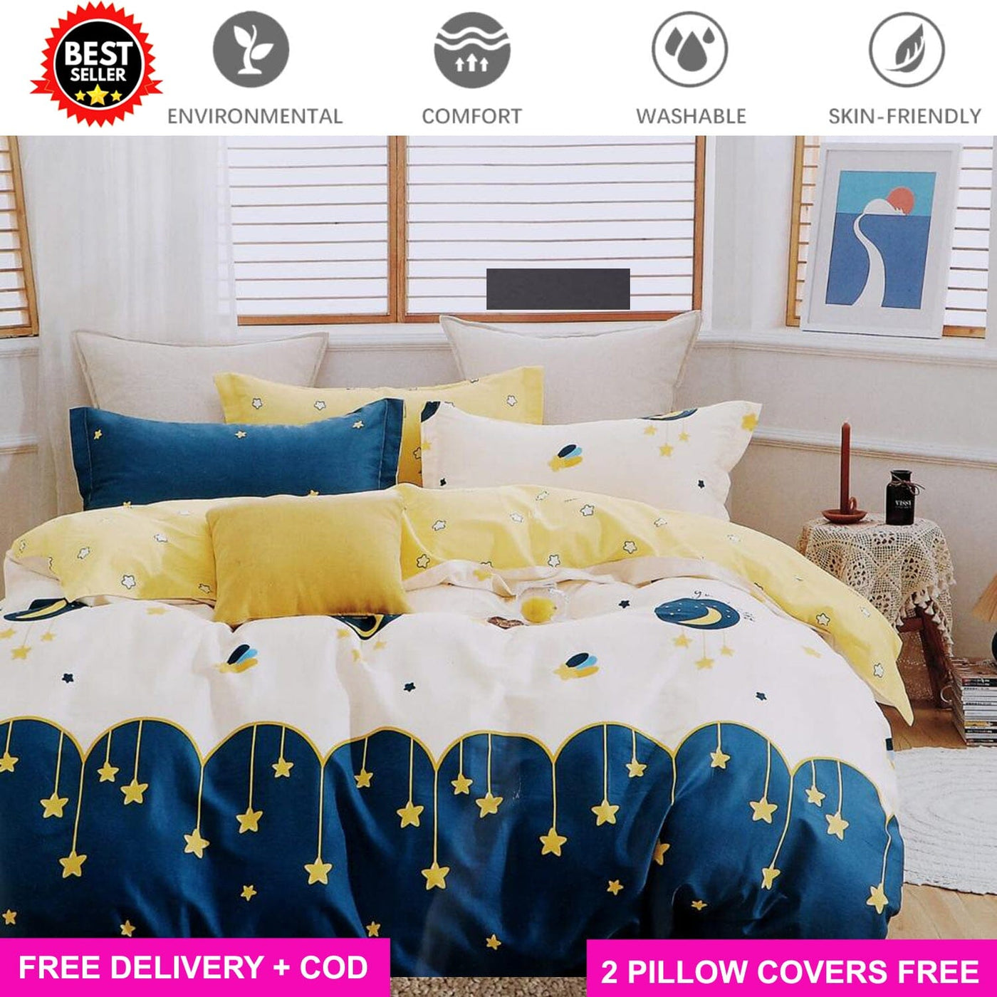Good Night Full Elastic Fitted Bedsheet with 2 Pillow Covers - King Size Bed Sheets Great Happy IN 