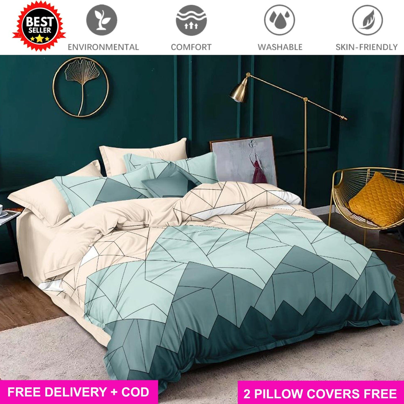 Green Shapes Full Elastic Fitted Bedsheet with 2 Pillow Covers - King Size Bed Sheets Great Happy IN 