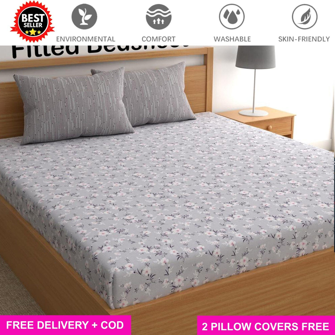 Grey Flower Contrast Full Elastic Fitted Bedsheet with 2 Pillow Covers - King Size Bed Sheets Great Happy IN 