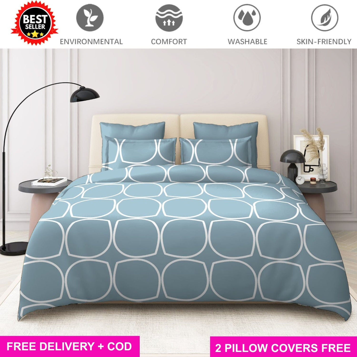 Cotton Elastic Fitted Bedsheet with 2 Pillow Covers - Fits with any Beds & Mattresses Great Happy IN Grey Ellipse KING SIZE 