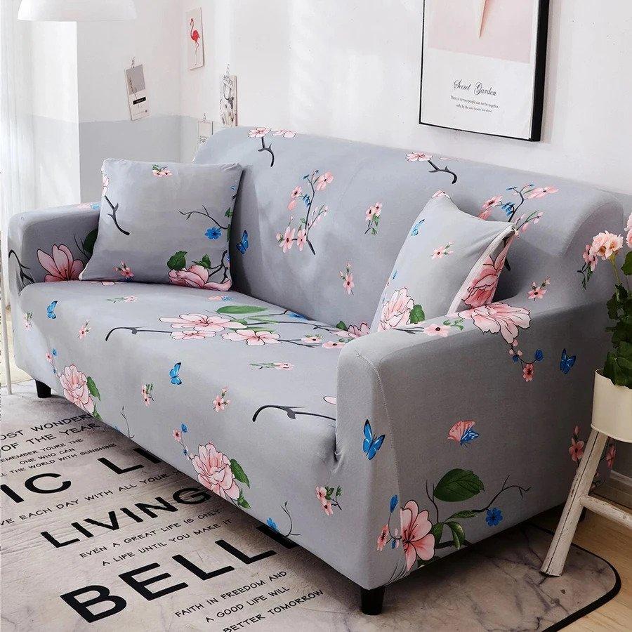 Premium Sofa Cover Great Happy IN Single Seater(90-145cm) - ₹1699 Grey Pink Flower 