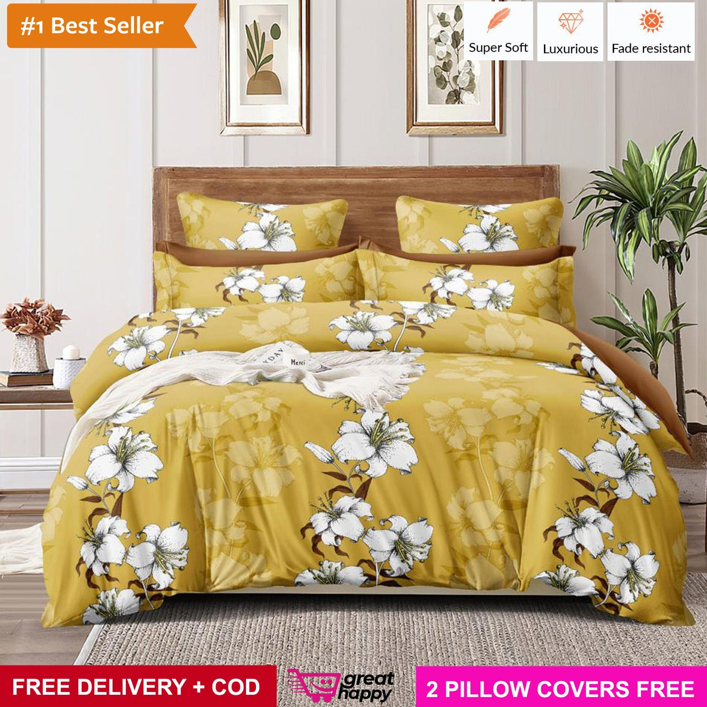 Premium Bedsheet with 2 Pillow Covers - Supersoft & Comfortable Great Happy IN Hibiscus Floral Art 
