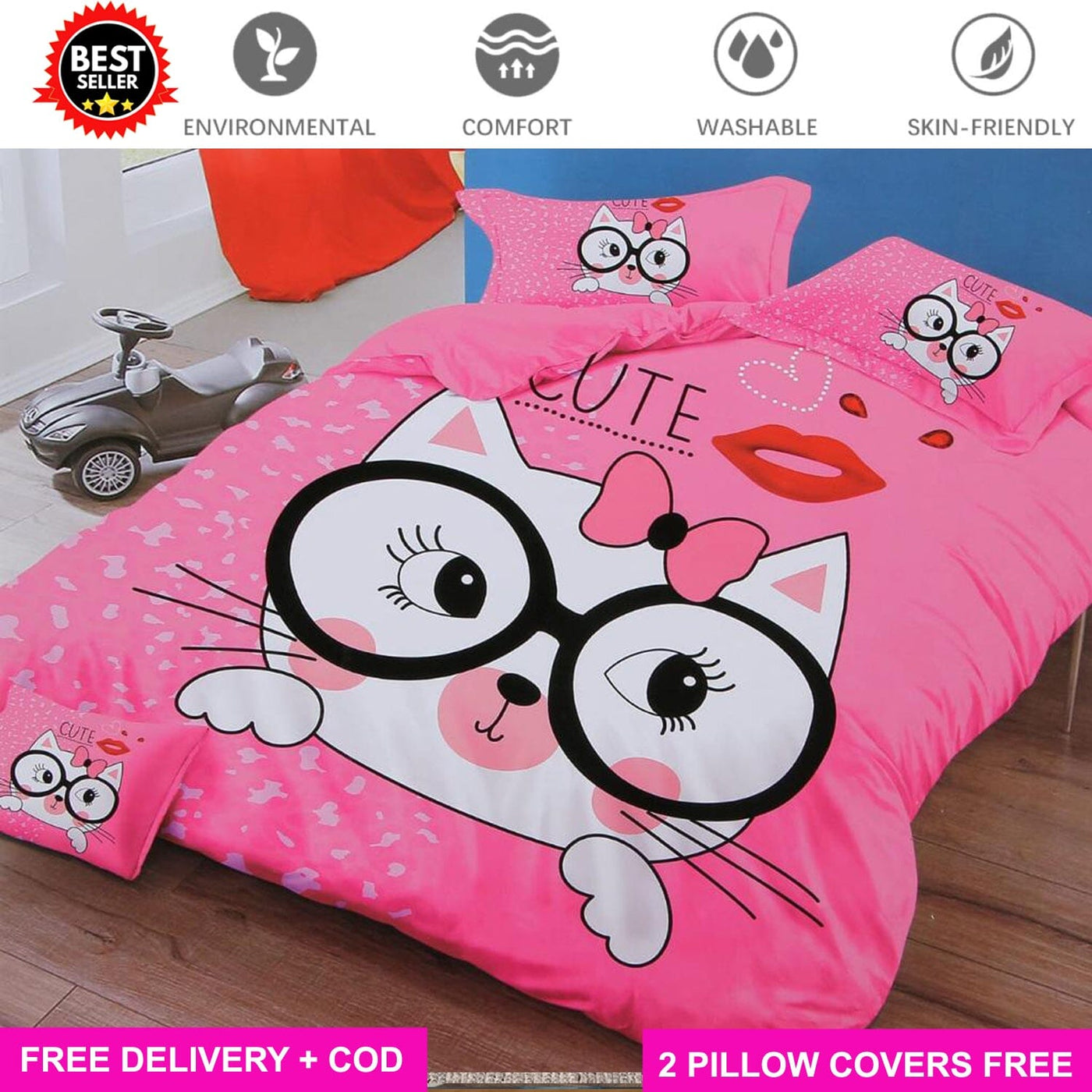 Kitty Full Elastic Fitted Bedsheet with 2 Pillow Covers - King Size Bed Sheets Great Happy IN 