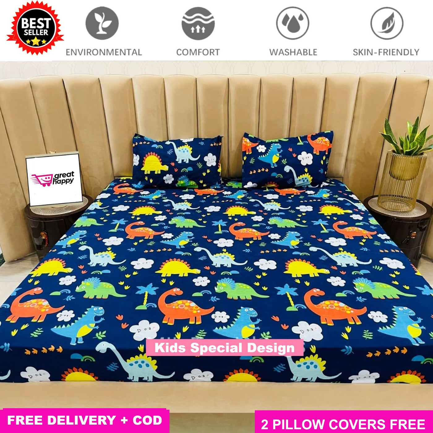 Cotton Elastic Fitted King Size Bedsheet with 2 Pillow Covers - Fits with any Beds & Mattresses Great Happy IN Kids Dragon KING SIZE 