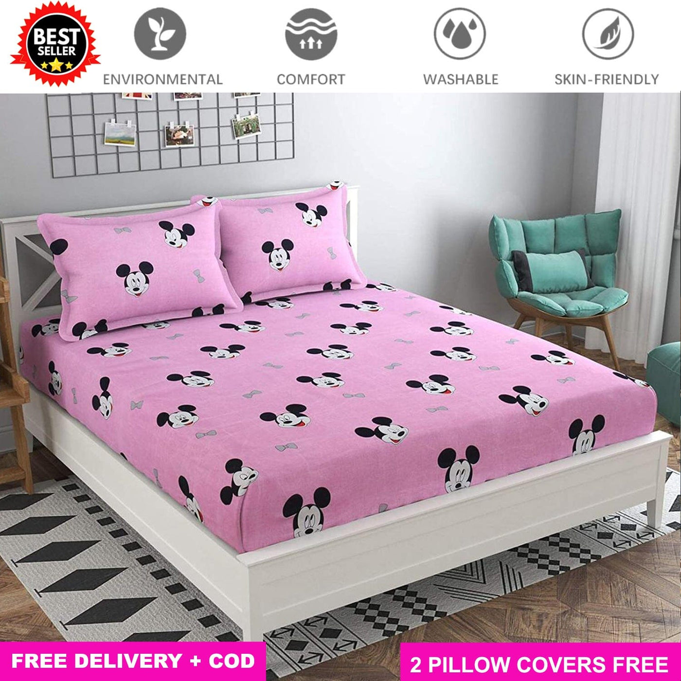 Kids Special Full Elastic Fitted Bedsheet with 2 Pillow Covers Bed Sheets Great Happy IN KING SIZE - ₹1299 