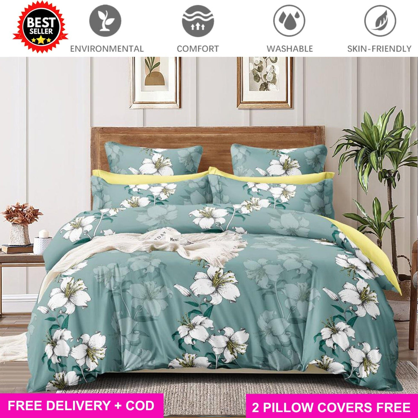Lime Green Floral Full Elastic Fitted Bedsheet with 2 Pillow Covers - King Size Bed Sheets Great Happy IN 