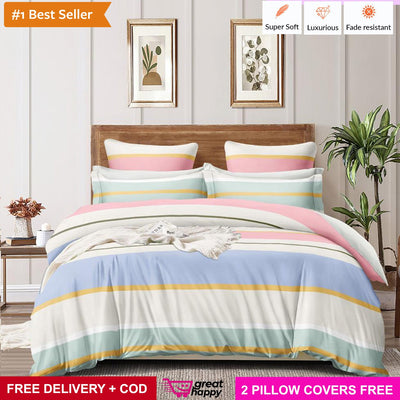 Premium Bedsheet with 2 Pillow Covers - Supersoft & Comfortable Great Happy IN Light Pink White 