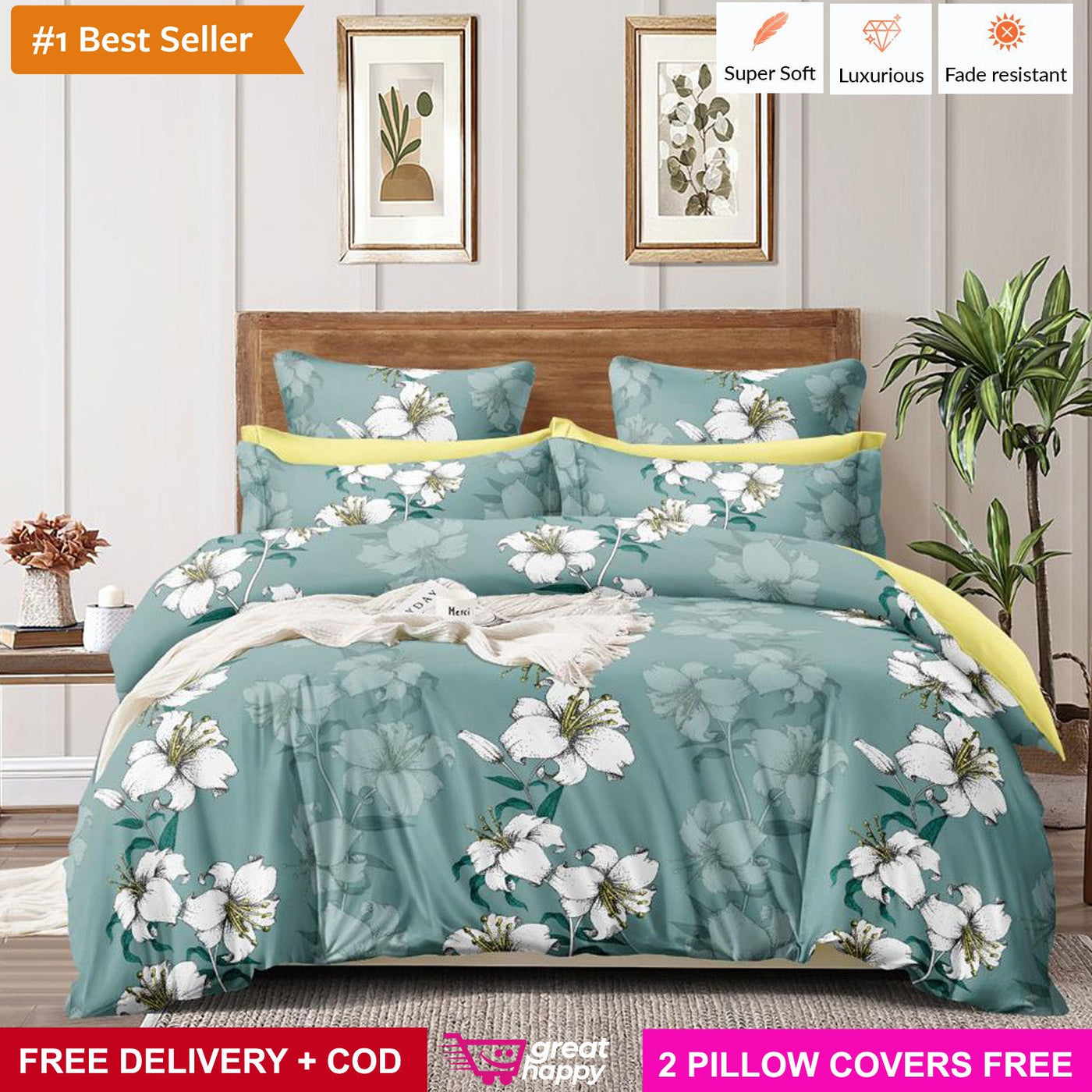 Premium Bedsheet with 2 Pillow Covers - Supersoft & Comfortable Great Happy IN Lime Green Floral 