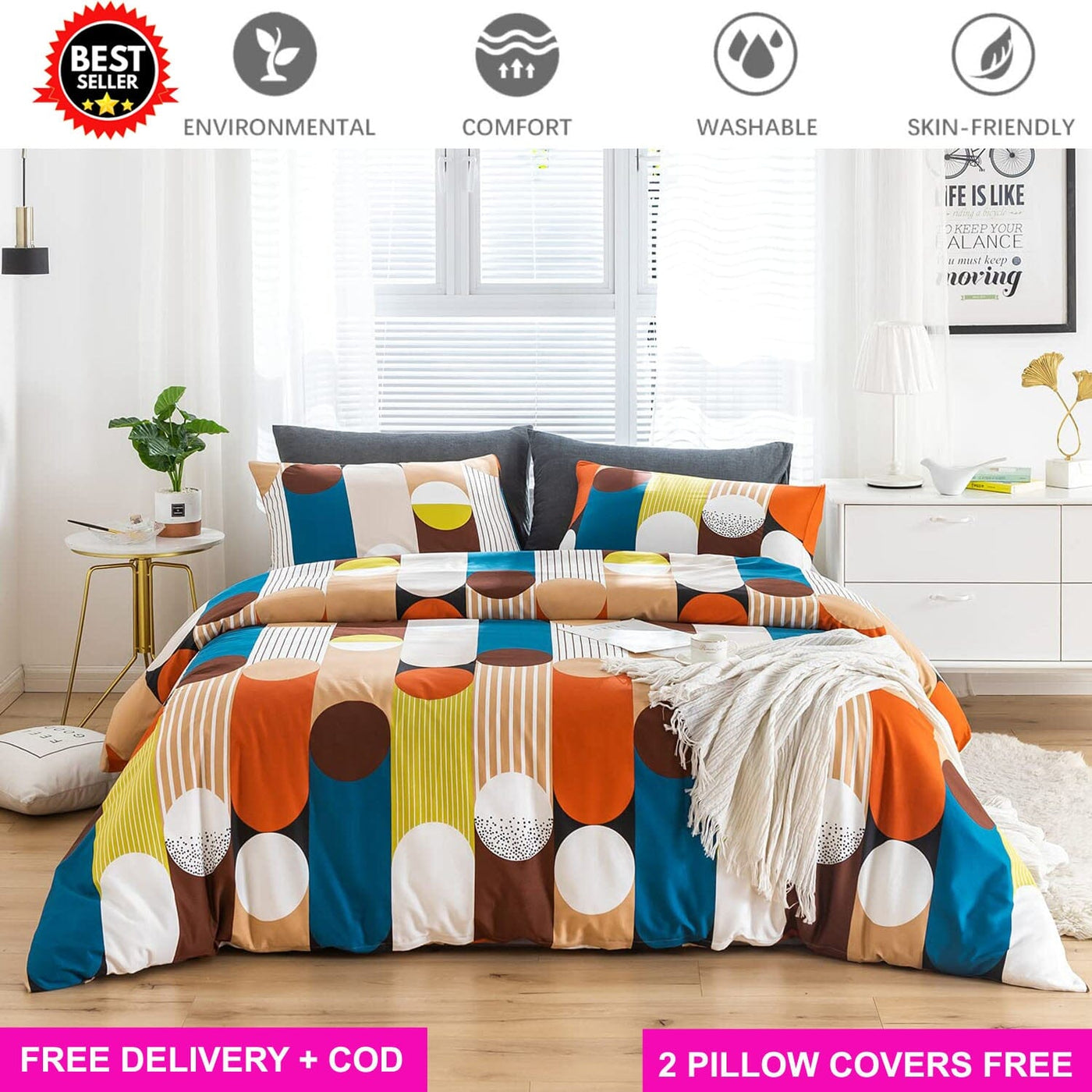 Multicolour Dots Full Elastic Fitted Bedsheet with 2 Pillow Covers - King Size Bed Sheets Great Happy IN 