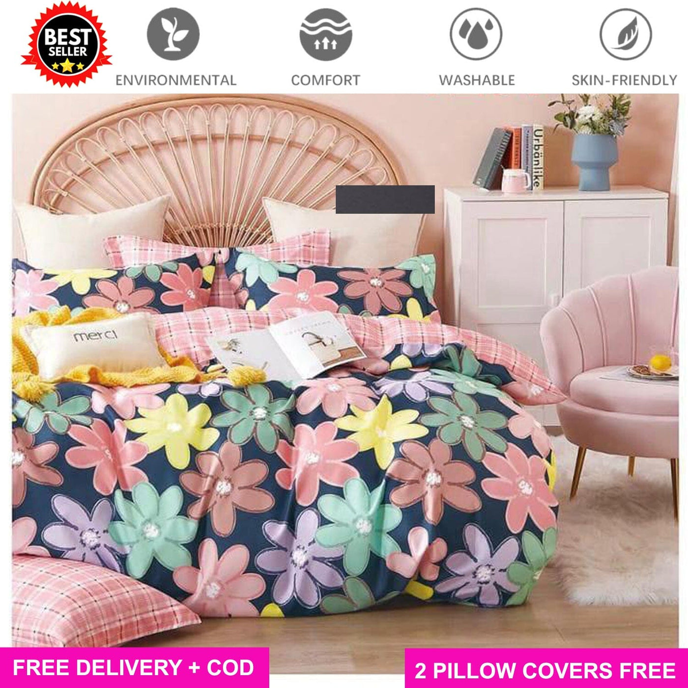 Multi Floral Full Elastic Fitted Bedsheet with 2 Pillow Covers - King Size Bed Sheets Great Happy IN 