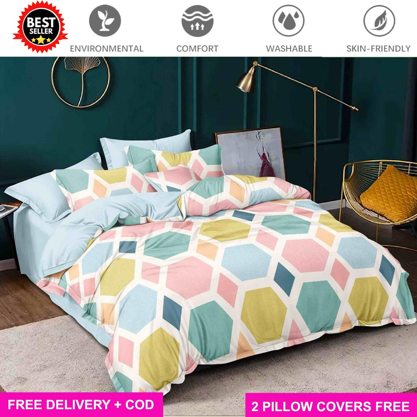 Multi Hexagon Full Elastic Fitted Bedsheet with 2 Pillow Covers - King Size Bed Sheets Great Happy IN 