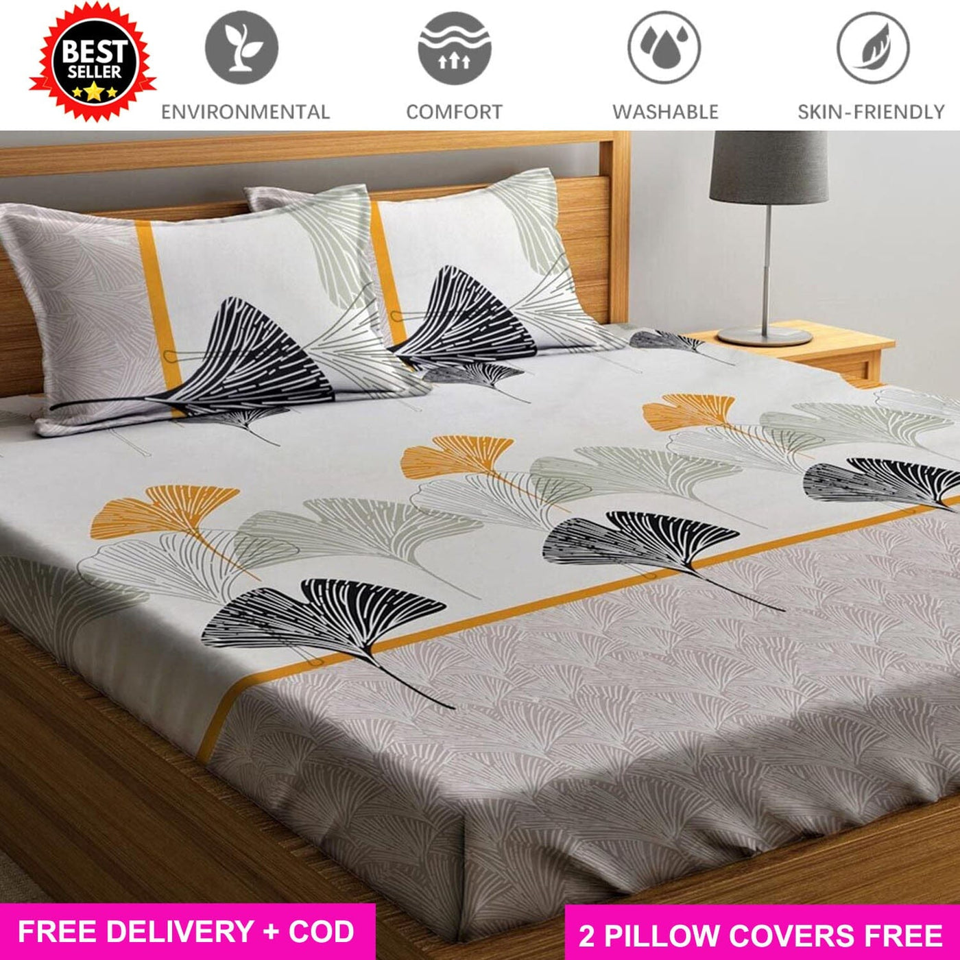 Mushroom Full Elastic Fitted Bedsheet with 2 Pillow Covers - King Size Bed Sheets Great Happy IN 