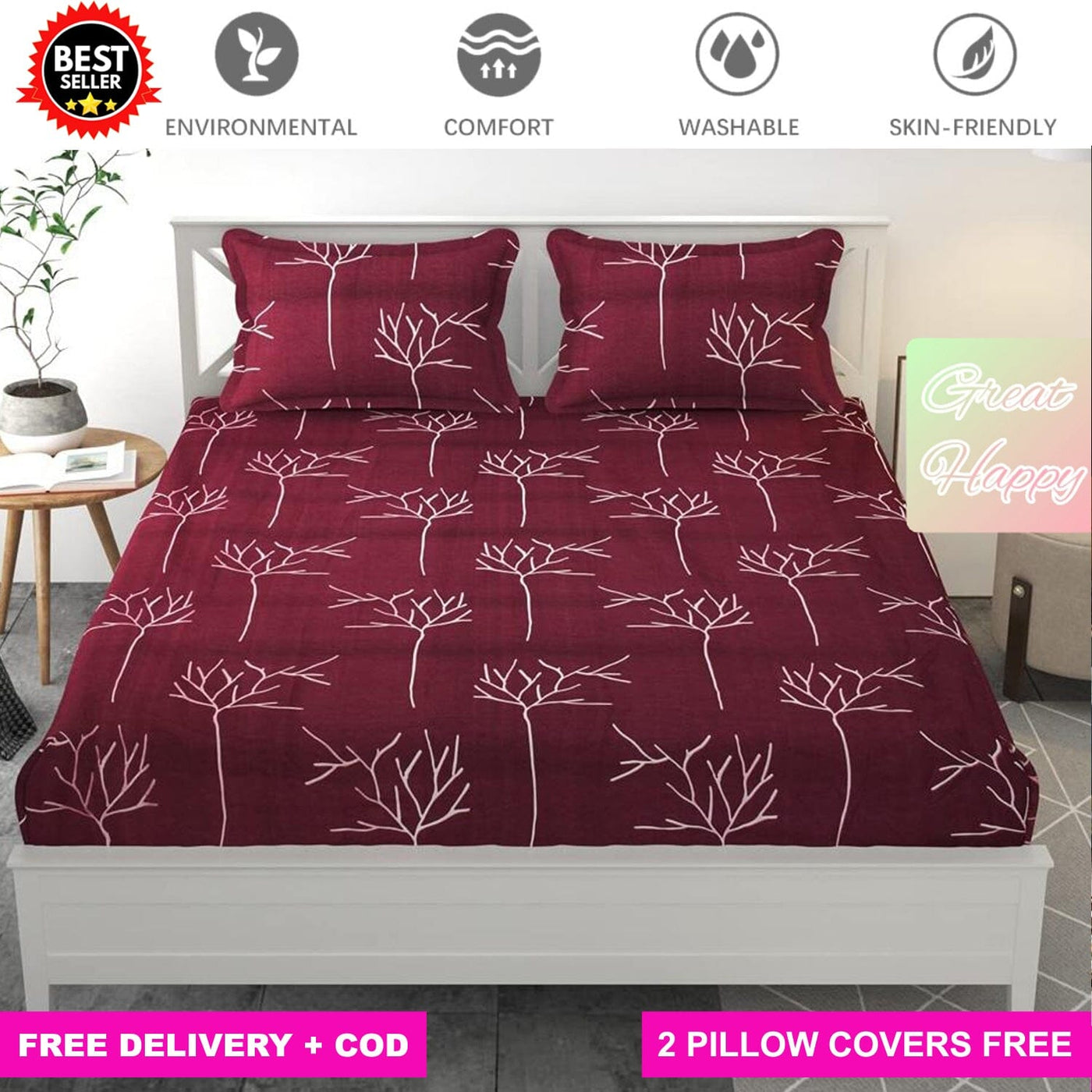 Maroon Tree Full Elastic Fitted Bedsheet with 2 Pillow Covers Bed Sheets Great Happy IN KING SIZE - ₹1299 