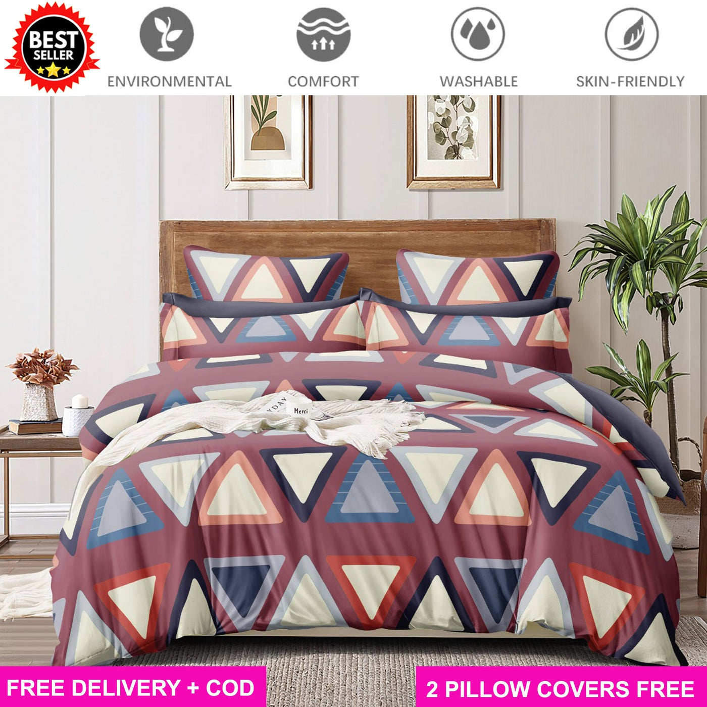 Cotton Elastic Fitted King Size Bedsheet with 2 Pillow Covers - Fits with any Beds & Mattresses Great Happy IN Maroon Triangle KING SIZE 