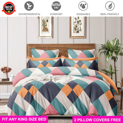 Cotton Elastic Fitted King Size Bedsheet with 2 Pillow Covers - Fits with any Beds & Mattresses Great Happy IN Multi Diagonal Box KING SIZE 