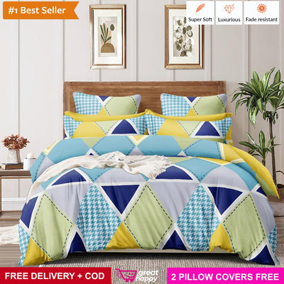 Premium Bedsheet with 2 Pillow Covers - Supersoft & Comfortable Without Elastic Fitted Great Happy IN Multi Prism Art 