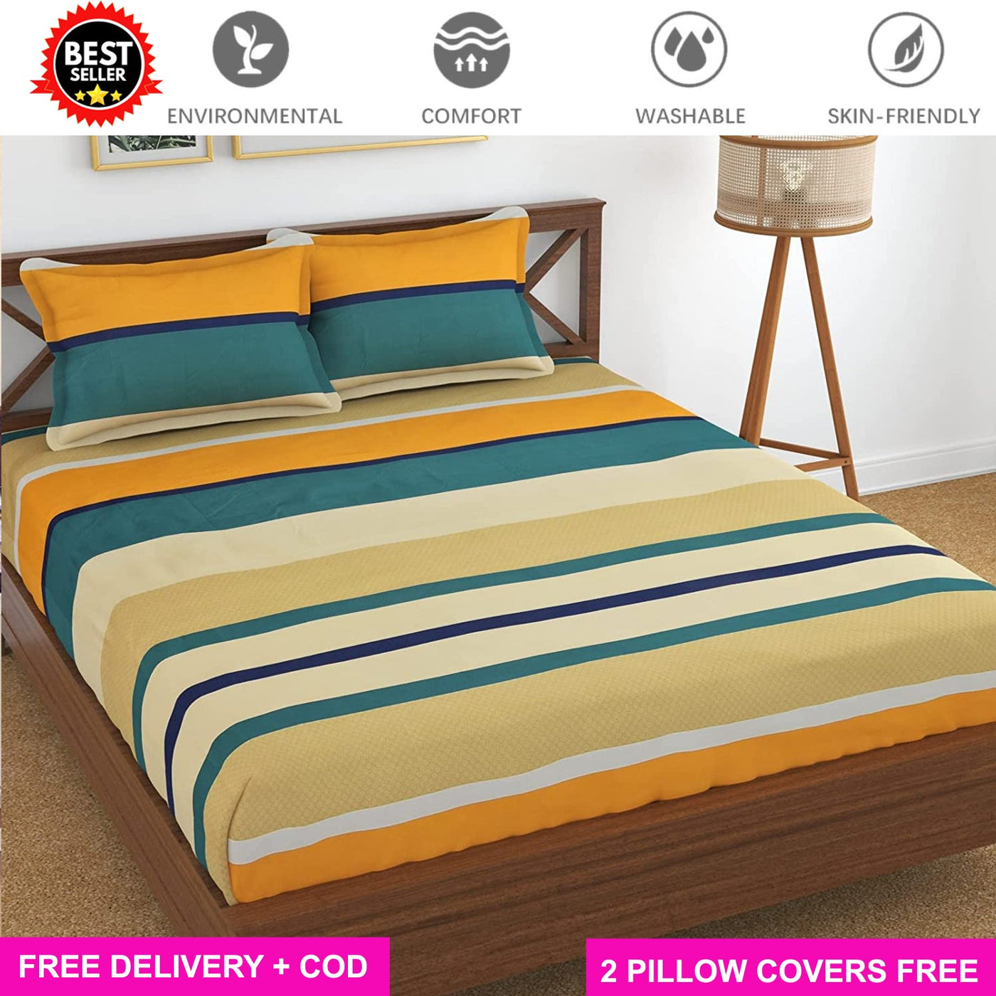 Cotton Elastic Fitted Bedsheet with 2 Pillow Covers - Fits with any Beds & Mattresses Great Happy IN Light Brown KING SIZE 