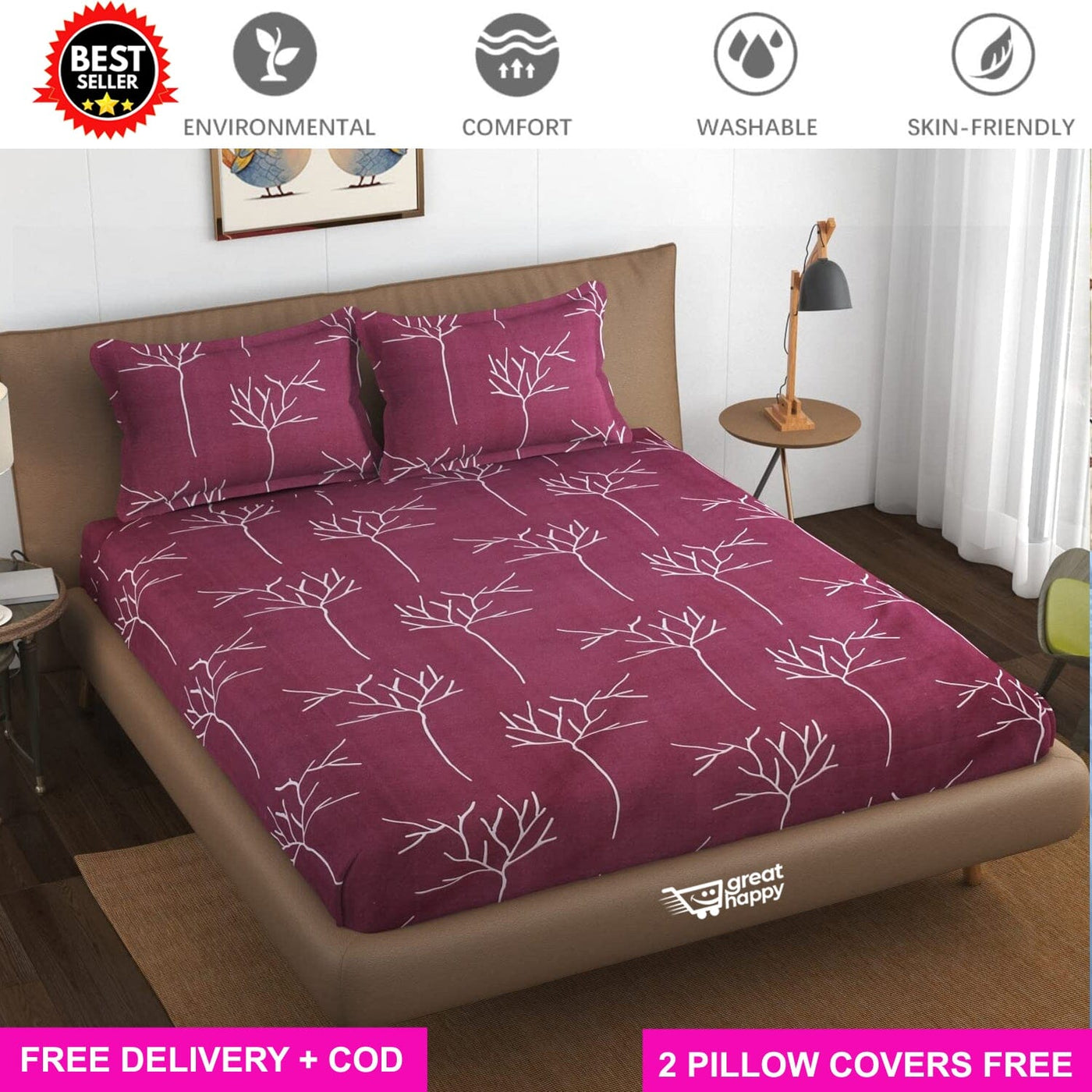 Cotton Elastic Fitted Bedsheet with 2 Pillow Covers - Fits with any Beds & Mattresses Great Happy IN Maroon Tree QUEEN SIZE 