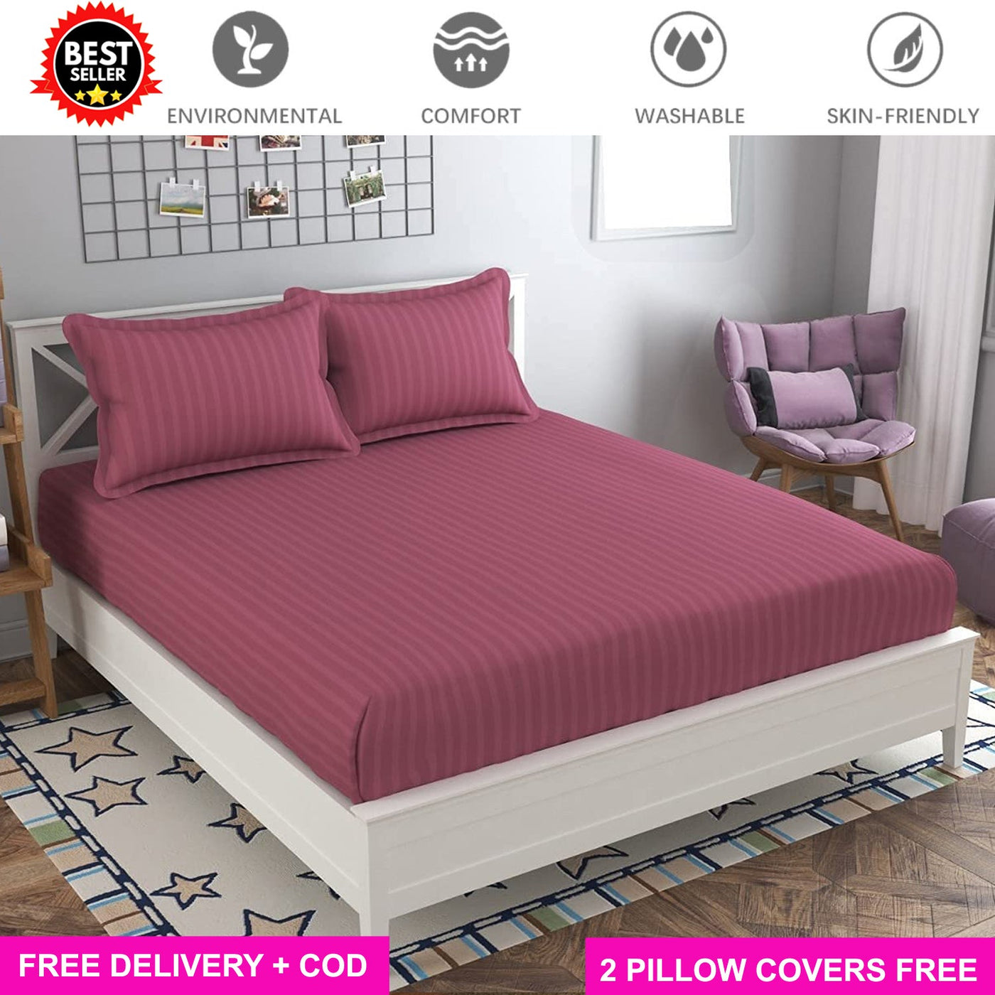 Cotton Elastic Fitted Bedsheet with 2 Pillow Covers - Fits with any Beds & Mattresses Great Happy IN Onion Satin KING SIZE 