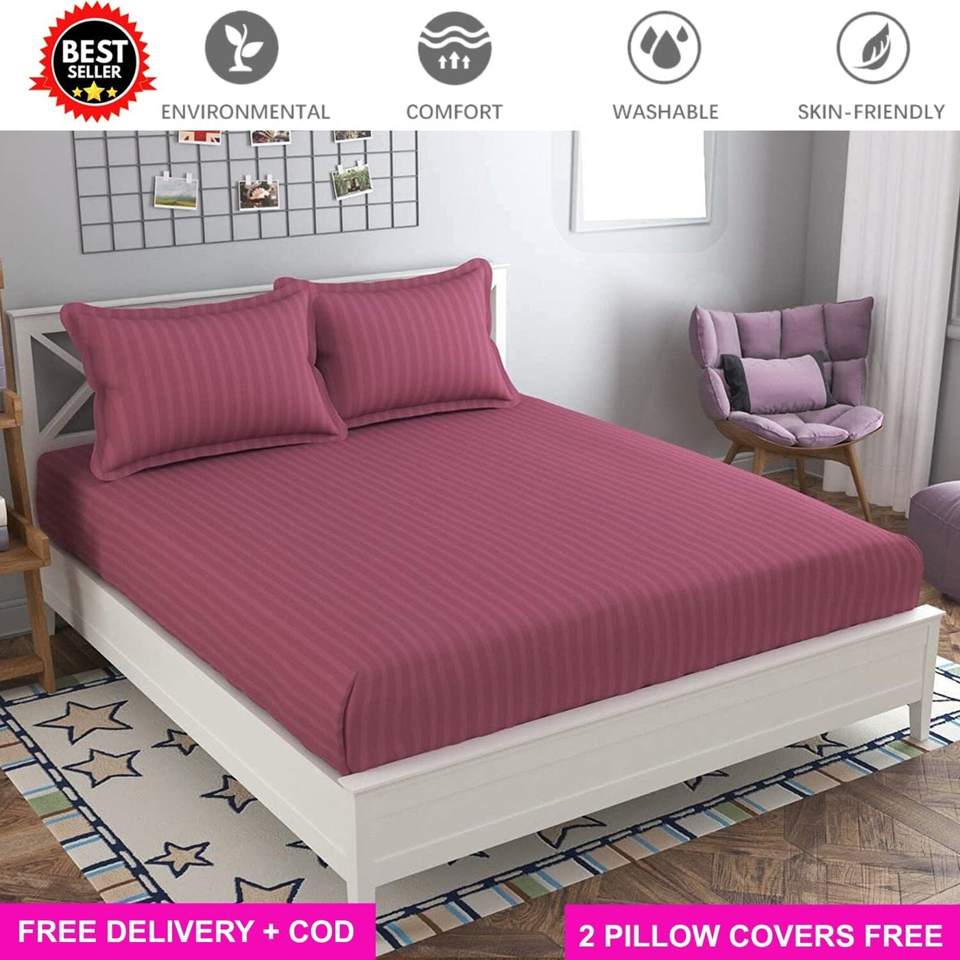 Onion Satin Full Elastic Fitted Bedsheet with 2 Pillow Covers Bed Sheets Great Happy IN KING SIZE - ₹1299 