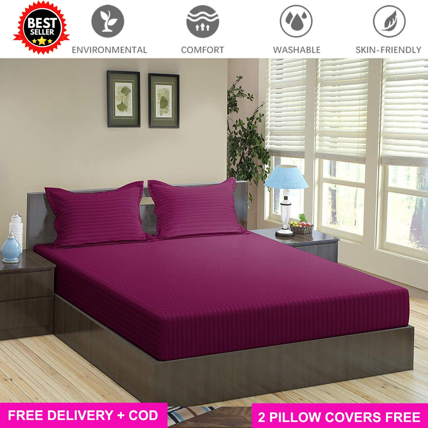 Cotton Elastic Fitted Bedsheet with 2 Pillow Covers - Fits with any Beds & Mattresses Great Happy IN Plain Wine KING SIZE 