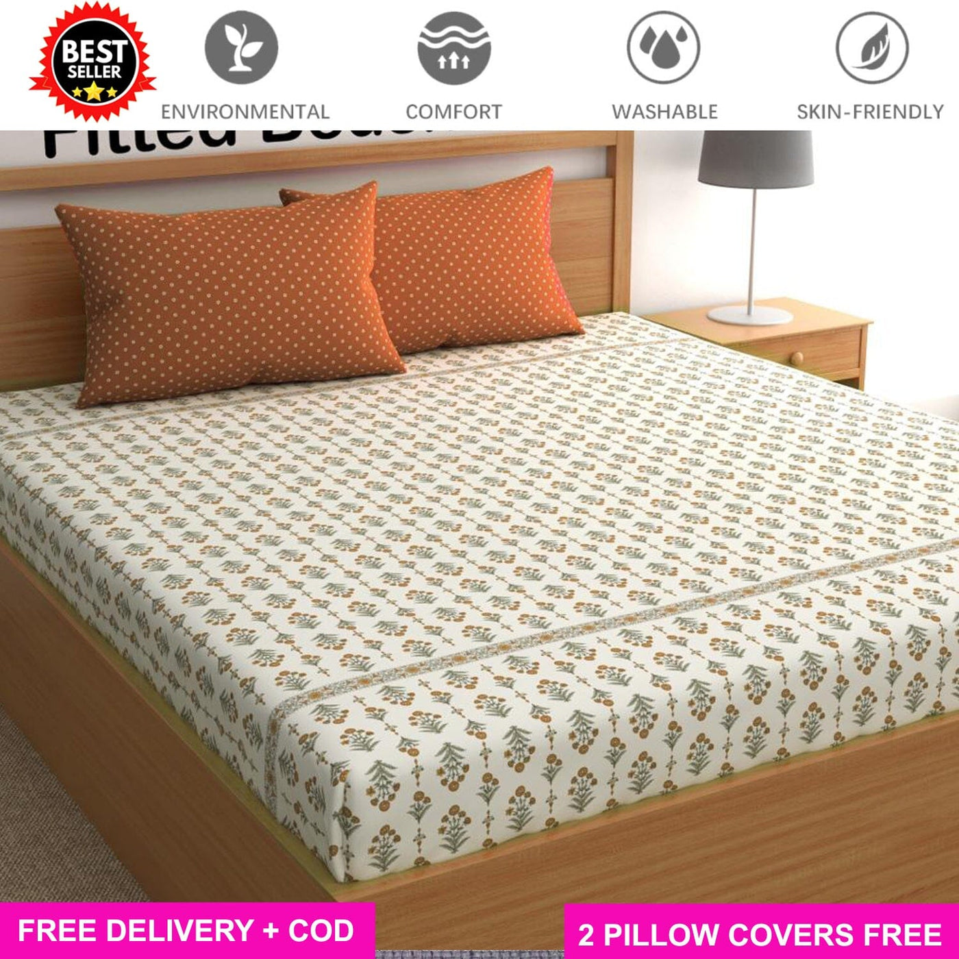 Orange Bail Contrast Full Elastic Fitted Bedsheet with 2 Pillow Covers - King Size Bed Sheets Great Happy IN 