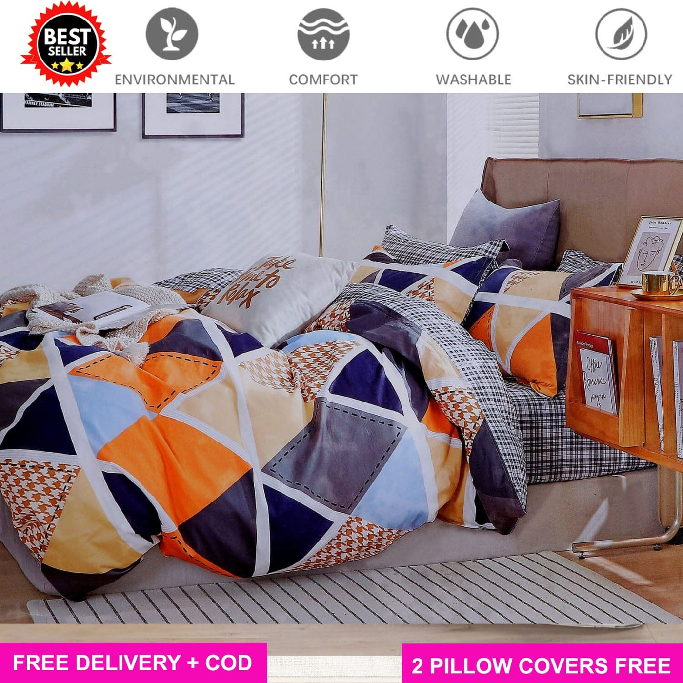 Orange Prism Full Elastic Fitted Bedsheet with 2 Pillow Covers - King Size Bed Sheets Great Happy IN 