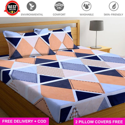 Cotton Elastic Fitted Bedsheet with 2 Pillow Covers - Fits with any Beds & Mattresses Great Happy IN Orange Prism KING SIZE 