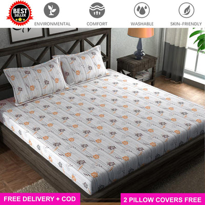Cotton Elastic Fitted Bedsheet with 2 Pillow Covers - Fits with any Beds & Mattresses Great Happy IN Orange Rose KING SIZE 