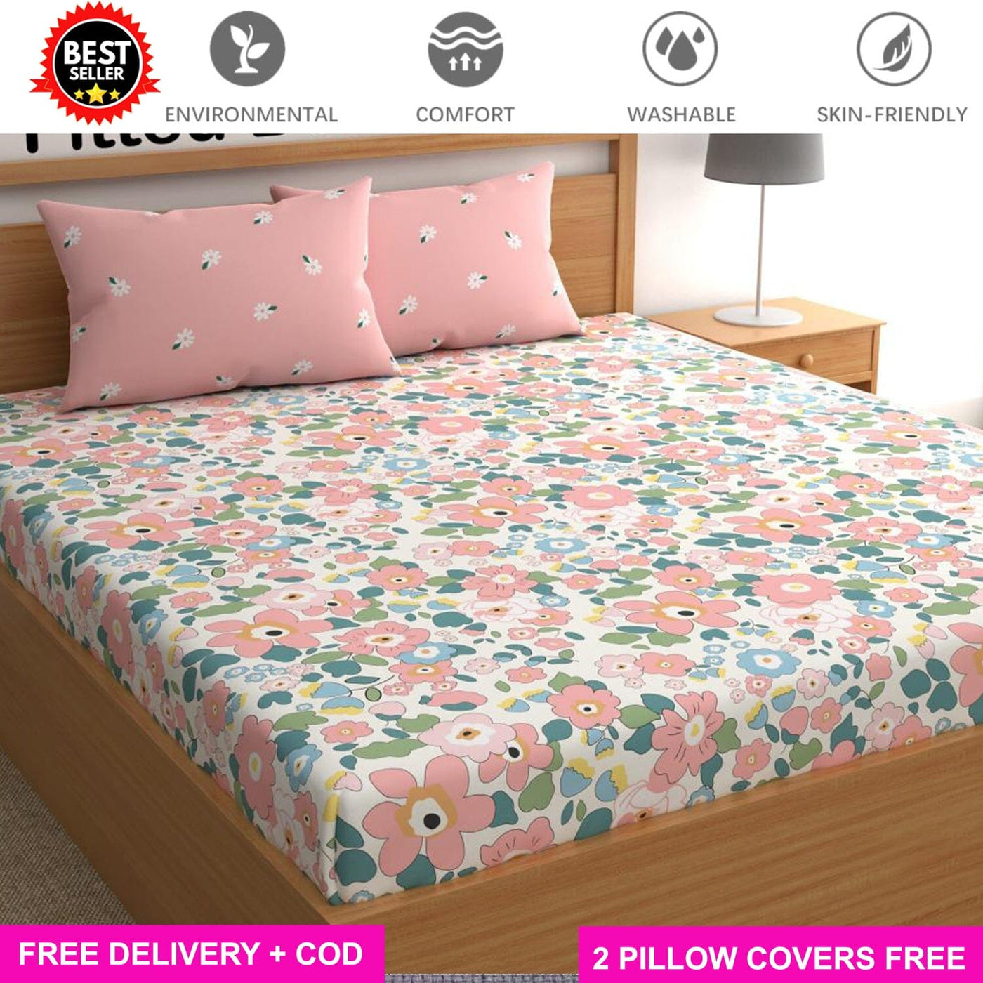 Pink Beauty Contrast Full Elastic Fitted Bedsheet with 2 Pillow Covers - King Size Bed Sheets Great Happy IN 
