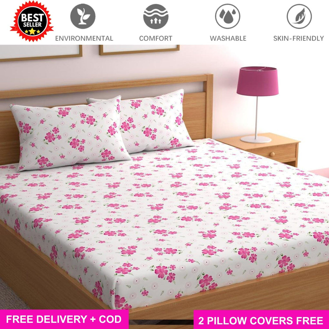 Cotton Elastic Fitted Bedsheet with 2 Pillow Covers - Fits with any Beds & Mattresses Great Happy IN Pink Cosmos KING SIZE 