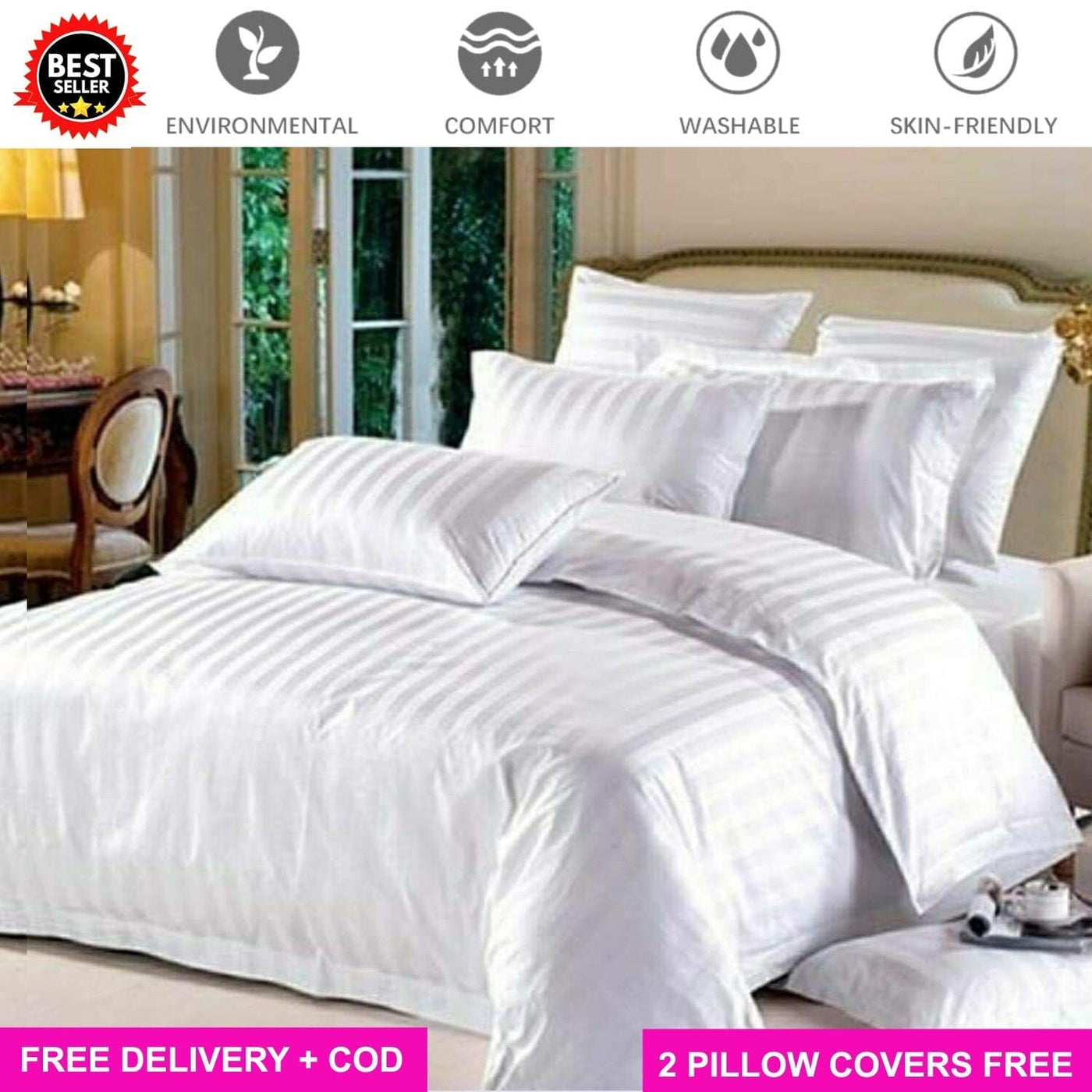Satin White Full Elastic Fitted Bedsheet with 2 Pillow Covers Bed Sheets Great Happy IN KING SIZE - ₹1299 