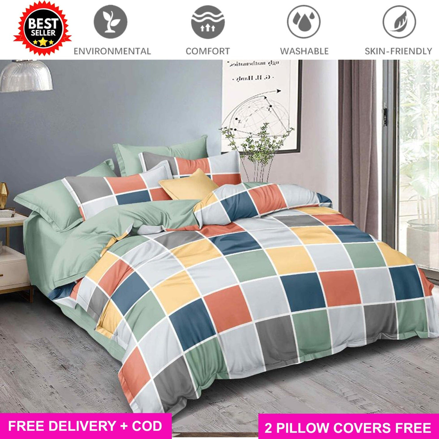 Red Check Full Elastic Fitted Bedsheet with 2 Pillow Covers - King Size Bed Sheets Great Happy IN 