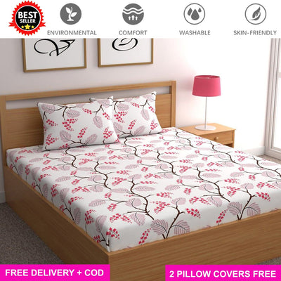 Cotton Elastic Fitted Bedsheet with 2 Pillow Covers - Fits with any Beds & Mattresses Great Happy IN Red Branch KING SIZE 