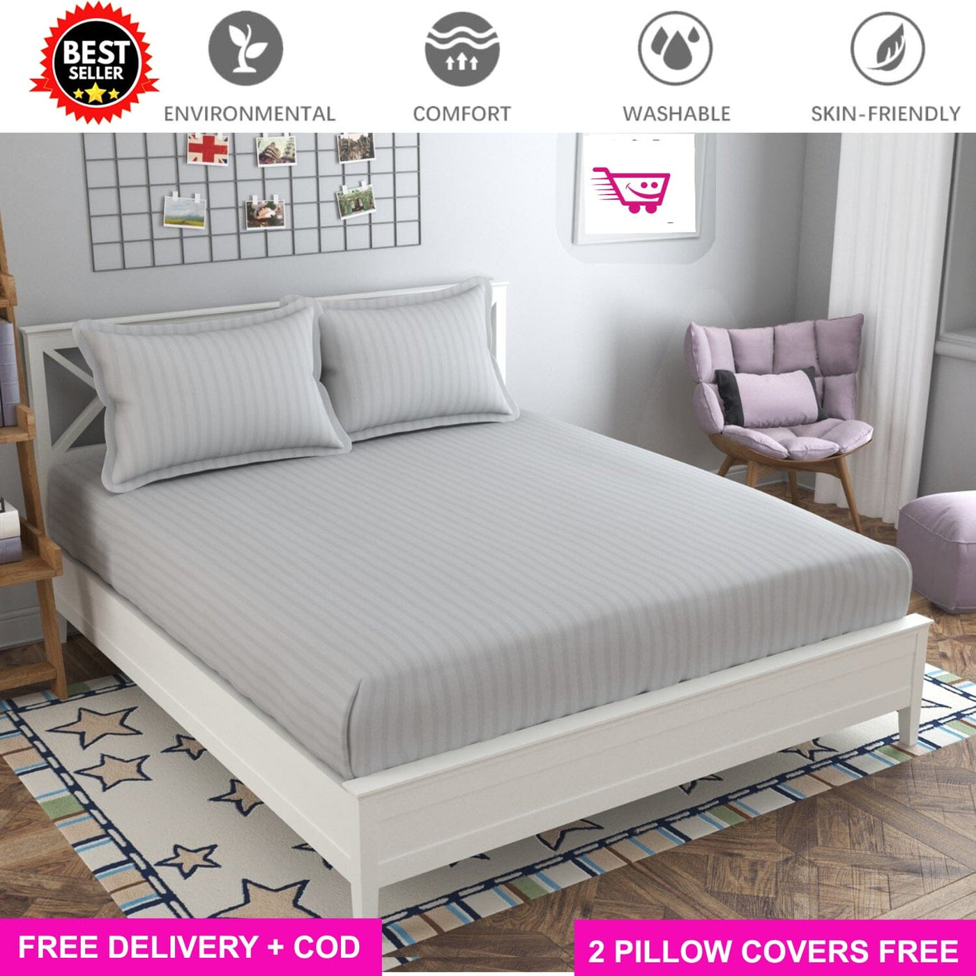 Silver Satin Full Elastic Fitted Bedsheet with 2 Pillow Covers - King Size Bed Sheets Great Happy IN 