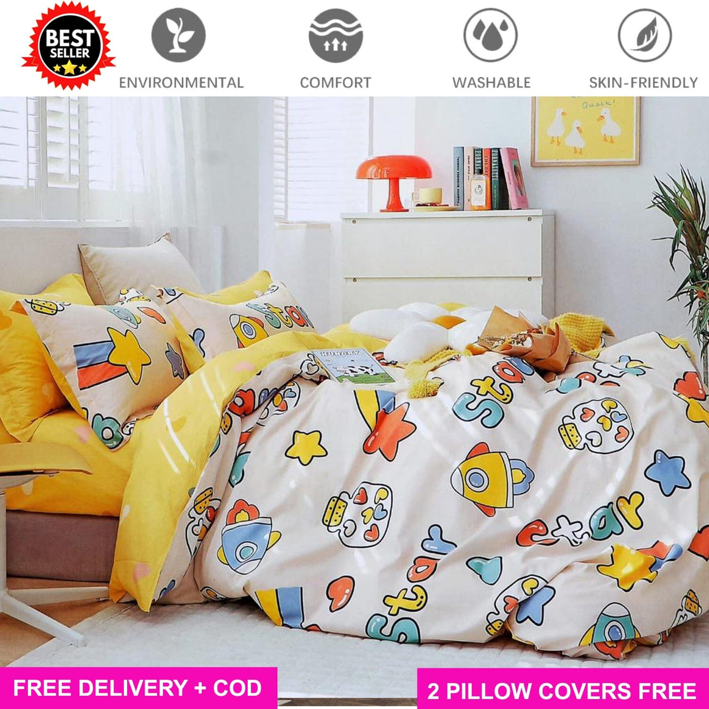 Star Kids Full Elastic Fitted Bedsheet with 2 Pillow Covers - King Size Bed Sheets Great Happy IN 