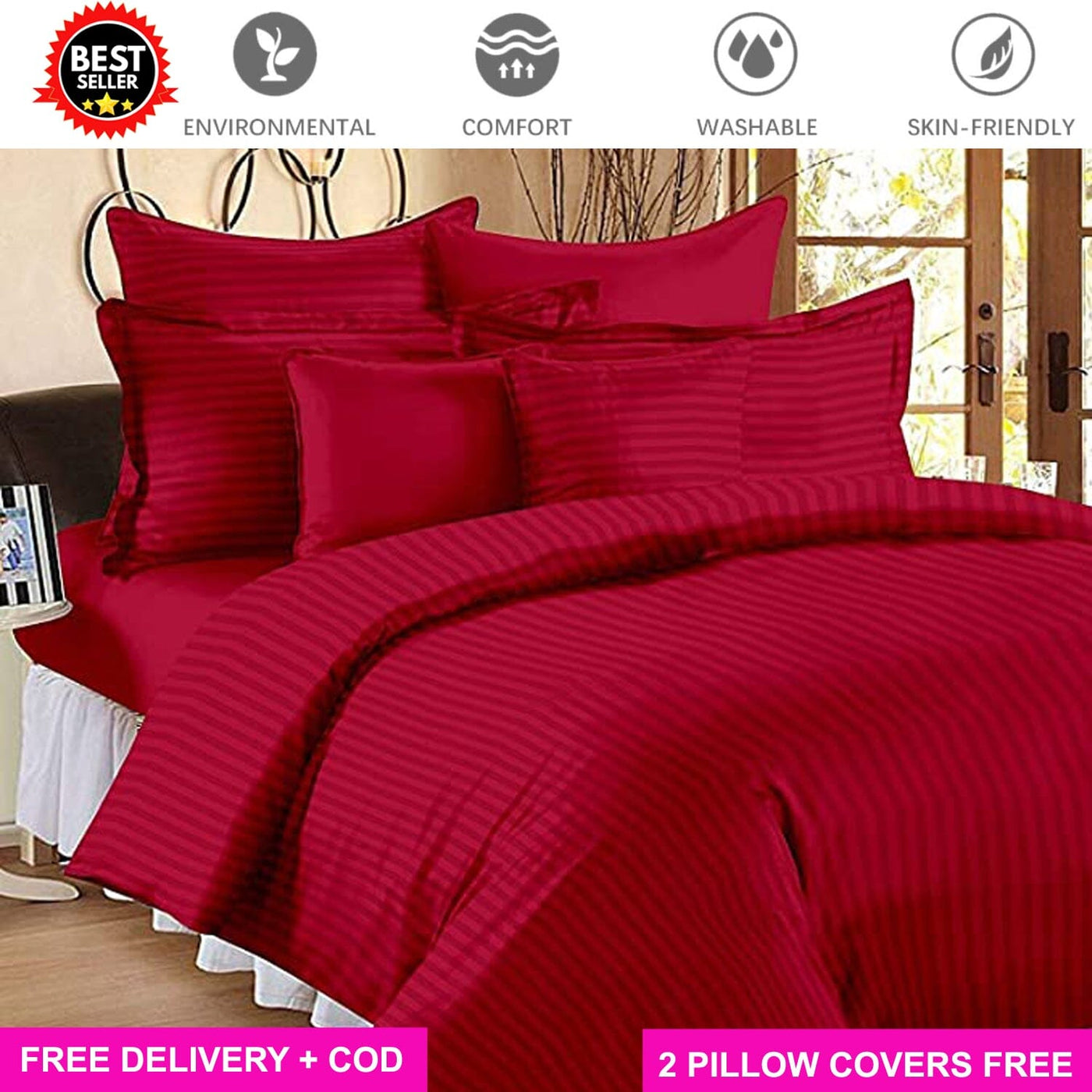 Satin Maroon Full Elastic Fitted Bedsheet with 2 Pillow Covers Bed Sheets Great Happy IN KING SIZE - ₹1299 