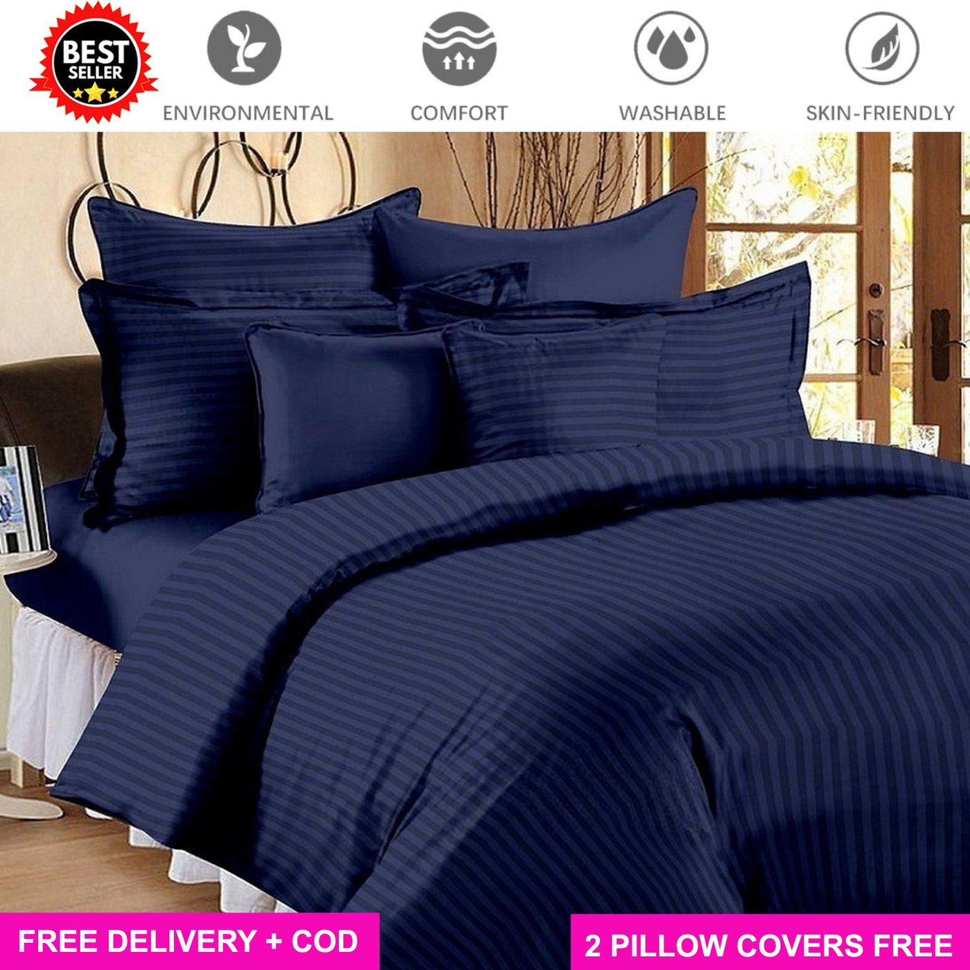 Cotton Elastic Fitted Bedsheet with 2 Pillow Covers - Fits with any Beds & Mattresses Great Happy IN Satin Navy Blue KING SIZE 